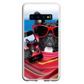 Чехол для Samsung Galaxy S10 с принтом бульдог в Курске, Силикон | Область печати: задняя сторона чехла, без боковых панелей | Тематика изображения на принте: бульдог | отдых | очки | собака | телефон | черная собака