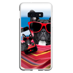 Чехол для Samsung S10E с принтом бульдог в Курске, Силикон | Область печати: задняя сторона чехла, без боковых панелей | Тематика изображения на принте: бульдог | отдых | очки | собака | телефон | черная собака