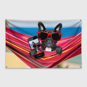 Флаг-баннер с принтом бульдог в Курске, 100% полиэстер | размер 67 х 109 см, плотность ткани — 95 г/м2; по краям флага есть четыре люверса для крепления | бульдог | отдых | очки | собака | телефон | черная собака