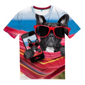 Мужская футболка 3D с принтом бульдог в Курске, 100% полиэфир | прямой крой, круглый вырез горловины, длина до линии бедер | Тематика изображения на принте: бульдог | отдых | очки | собака | телефон | черная собака