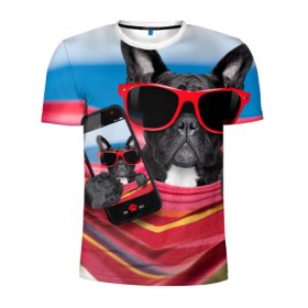 Мужская футболка 3D спортивная с принтом бульдог в Курске, 100% полиэстер с улучшенными характеристиками | приталенный силуэт, круглая горловина, широкие плечи, сужается к линии бедра | бульдог | отдых | очки | собака | телефон | черная собака