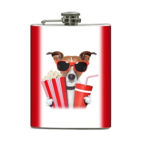 Фляга с принтом собака-киноман в Курске, металлический корпус | емкость 0,22 л, размер 125 х 94 мм. Виниловая наклейка запечатывается полностью | кино | отдых | очки | попкорн | собака | телефон | терьер