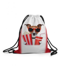 Рюкзак-мешок 3D с принтом собака-киноман в Курске, 100% полиэстер | плотность ткани — 200 г/м2, размер — 35 х 45 см; лямки — толстые шнурки, застежка на шнуровке, без карманов и подкладки | кино | отдых | очки | попкорн | собака | телефон | терьер