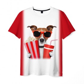 Мужская футболка 3D с принтом собака-киноман в Курске, 100% полиэфир | прямой крой, круглый вырез горловины, длина до линии бедер | кино | отдых | очки | попкорн | собака | телефон | терьер