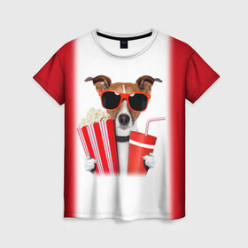 Женская футболка 3D с принтом собака-киноман в Курске, 100% полиэфир ( синтетическое хлопкоподобное полотно) | прямой крой, круглый вырез горловины, длина до линии бедер | кино | отдых | очки | попкорн | собака | телефон | терьер