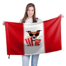 Флаг 3D с принтом собака-киноман в Курске, 100% полиэстер | плотность ткани — 95 г/м2, размер — 67 х 109 см. Принт наносится с одной стороны | кино | отдых | очки | попкорн | собака | телефон | терьер