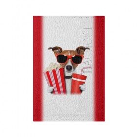Обложка для паспорта матовая кожа с принтом собака-киноман в Курске, натуральная матовая кожа | размер 19,3 х 13,7 см; прозрачные пластиковые крепления | Тематика изображения на принте: кино | отдых | очки | попкорн | собака | телефон | терьер