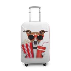Чехол для чемодана 3D с принтом собака-киноман в Курске, 86% полиэфир, 14% спандекс | двустороннее нанесение принта, прорези для ручек и колес | кино | отдых | очки | попкорн | собака | телефон | терьер