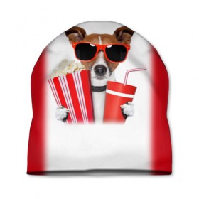 Шапка 3D с принтом собака-киноман в Курске, 100% полиэстер | универсальный размер, печать по всей поверхности изделия | кино | отдых | очки | попкорн | собака | телефон | терьер
