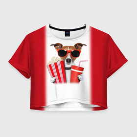 Женская футболка 3D укороченная с принтом собака-киноман в Курске, 100% полиэстер | круглая горловина, длина футболки до линии талии, рукава с отворотами | кино | отдых | очки | попкорн | собака | телефон | терьер