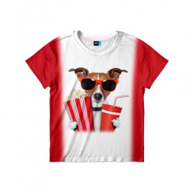 Детская футболка 3D с принтом собака-киноман в Курске, 100% гипоаллергенный полиэфир | прямой крой, круглый вырез горловины, длина до линии бедер, чуть спущенное плечо, ткань немного тянется | кино | отдых | очки | попкорн | собака | телефон | терьер
