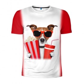 Мужская футболка 3D спортивная с принтом собака-киноман в Курске, 100% полиэстер с улучшенными характеристиками | приталенный силуэт, круглая горловина, широкие плечи, сужается к линии бедра | кино | отдых | очки | попкорн | собака | телефон | терьер