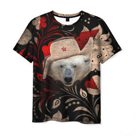 Мужская футболка 3D с принтом Медведь в ушанке в Курске, 100% полиэфир | прямой крой, круглый вырез горловины, длина до линии бедер | Тематика изображения на принте: звезда | мишка | патриот | роспись | русский | русь | сибирь | ссср | хохлома | шапка