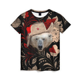 Женская футболка 3D с принтом Медведь в ушанке в Курске, 100% полиэфир ( синтетическое хлопкоподобное полотно) | прямой крой, круглый вырез горловины, длина до линии бедер | звезда | мишка | патриот | роспись | русский | русь | сибирь | ссср | хохлома | шапка