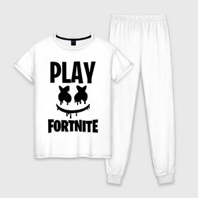 Женская пижама хлопок с принтом FORTNITE x MARSHMELLO в Курске, 100% хлопок | брюки и футболка прямого кроя, без карманов, на брюках мягкая резинка на поясе и по низу штанин | 2019 | armor | armour | cybersport | esport | fortnite | game | llama | logo | броня | игра | киберспорт | лама | фиолетовый | фирменные цвета | фортнайт