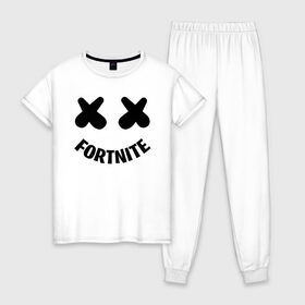 Женская пижама хлопок с принтом FORTNITE x MARSHMELLO в Курске, 100% хлопок | брюки и футболка прямого кроя, без карманов, на брюках мягкая резинка на поясе и по низу штанин | 2019 | armor | armour | cybersport | esport | fortnite | game | llama | logo | броня | игра | киберспорт | лама | фиолетовый | фирменные цвета | фортнайт