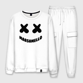 Мужской костюм хлопок с принтом MARSHMELLO в Курске, 100% хлопок | на свитшоте круглая горловина, мягкая резинка по низу. Брюки заужены к низу, на них два вида карманов: два “обычных” по бокам и два объемных, с клапанами, расположенные ниже линии бедра. Брюки с мягкой трикотажной резинкой на поясе и по низу штанин. В поясе для дополнительного комфорта — широкие завязки | dj | marshmello | usa | америка | клубная музыка | маршмелло | музыка | музыкант