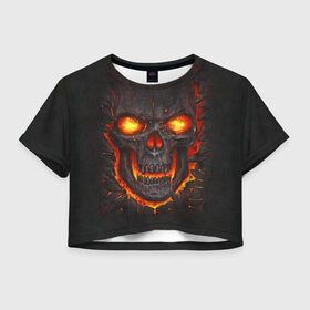 Женская футболка 3D укороченная с принтом Skull Lava в Курске, 100% полиэстер | круглая горловина, длина футболки до линии талии, рукава с отворотами | dead | demon | devil | executioner | metal | punisher | rap | rock | satan | skull | swag | каратель | метал | палач | рок | скелет | череп