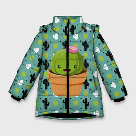 Зимняя куртка для девочек 3D с принтом Милый няшный кактус в Курске, ткань верха — 100% полиэстер; подклад — 100% полиэстер, утеплитель — 100% полиэстер. | длина ниже бедра, удлиненная спинка, воротник стойка и отстегивающийся капюшон. Есть боковые карманы с листочкой на кнопках, утяжки по низу изделия и внутренний карман на молнии. 

Предусмотрены светоотражающий принт на спинке, радужный светоотражающий элемент на пуллере молнии и на резинке для утяжки. | Тематика изображения на принте: веселый кактус | зеленый | иголки | кактусы | колючий | летний | лето | милый | настроение | няшный | прикольный | радостный | счастье | цветок | цветы | эмоции
