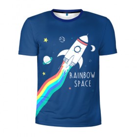 Мужская футболка 3D спортивная с принтом Rainbow space в Курске, 100% полиэстер с улучшенными характеристиками | приталенный силуэт, круглая горловина, широкие плечи, сужается к линии бедра | children | drawing | fire | flight | infinity | moon | planets | rainbow | rocket | space | stars | train | universe | wh | белый | бесконечность | вселенная | детский | звезды | космос | луна | надпись | огонь | планеты | полет | радуга | ракета | рисуно