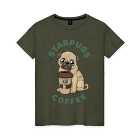 Женская футболка хлопок с принтом Мопс с Кофе (Пародия) в Курске, 100% хлопок | прямой крой, круглый вырез горловины, длина до линии бедер, слегка спущенное плечо | coffee | pug | кофе | мопс | собака | собаки