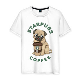 Мужская футболка хлопок с принтом Мопс с Кофе (Пародия) в Курске, 100% хлопок | прямой крой, круглый вырез горловины, длина до линии бедер, слегка спущенное плечо. | coffee | pug | кофе | мопс | собака | собаки