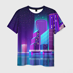 Мужская футболка 3D с принтом Neon Nights в Курске, 100% полиэфир | прямой крой, круглый вырез горловины, длина до линии бедер | Тематика изображения на принте: city | neon синтвейв | retrowave | synthwave | горо | неон | ночь | ретровейв
