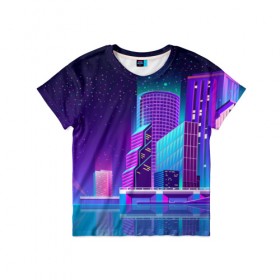Детская футболка 3D с принтом Neon Nights в Курске, 100% гипоаллергенный полиэфир | прямой крой, круглый вырез горловины, длина до линии бедер, чуть спущенное плечо, ткань немного тянется | Тематика изображения на принте: city | neon синтвейв | retrowave | synthwave | горо | неон | ночь | ретровейв