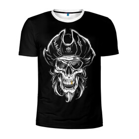 Мужская футболка 3D спортивная с принтом Пиратский череп в Курске, 100% полиэстер с улучшенными характеристиками | приталенный силуэт, круглая горловина, широкие плечи, сужается к линии бедра | dead | demon | devil | executioner | metal | pirat | punisher | rap | rock | satan | sea | skull | swag | каратель | метал | море | океан | палач | пират | рок | скелет | череп