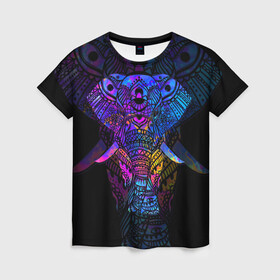 Женская футболка 3D с принтом Слон в Курске, 100% полиэфир ( синтетическое хлопкоподобное полотно) | прямой крой, круглый вырез горловины, длина до линии бедер | african | animal | big | bright | colorful | drawing | ears | elephant | ethnic | fangs | gr | ornament | pattern | trunk | африканский | большой | графика | животное | клыки | орнамент | разноцветный | рисунок | слон | трафарет | узор | уши | фон | хобот
