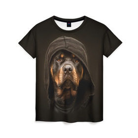Женская футболка 3D с принтом Ротвейлер в капюшоне в Курске, 100% полиэфир ( синтетическое хлопкоподобное полотно) | прямой крой, круглый вырез горловины, длина до линии бедер | rottweiler | капюшон | молоссы | пастух | пёс | собака | щенок
