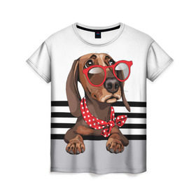 Женская футболка 3D с принтом Такса в очках в Курске, 100% полиэфир ( синтетическое хлопкоподобное полотно) | прямой крой, круглый вырез горловины, длина до линии бедер | animal | black | breed | dachshund | dog | domestic | drawing | gra | polka | red | shawl | stripes | white | белый | горошек | графика | домашняя | животное | красный | надпись | очки | платок | полосы | порода | рисунок | собака | такса | текс