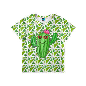 Детская футболка 3D с принтом Позитивный кактус в Курске, 100% гипоаллергенный полиэфир | прямой крой, круглый вырез горловины, длина до линии бедер, чуть спущенное плечо, ткань немного тянется | Тематика изображения на принте: веселый кактус | зеленый | иголки | кактусы | колючий | летний | лето | настроение | прикольный | радостный | счастье | цветок | цветы | эмоции