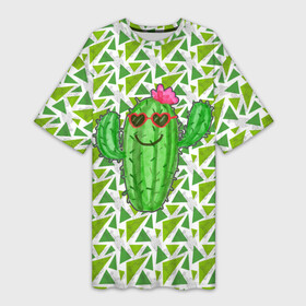Платье-футболка 3D с принтом Позитивный кактус в Курске,  |  | веселый кактус | зеленый | иголки | кактусы | колючий | летний | лето | настроение | прикольный | радостный | счастье | цветок | цветы | эмоции