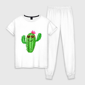 Женская пижама хлопок с принтом Веселый кактус в Курске, 100% хлопок | брюки и футболка прямого кроя, без карманов, на брюках мягкая резинка на поясе и по низу штанин | 
