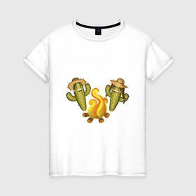 Женская футболка хлопок с принтом Кактусы у костра в Курске, 100% хлопок | прямой крой, круглый вырез горловины, длина до линии бедер, слегка спущенное плечо | 