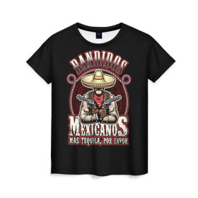 Женская футболка 3D с принтом Bandidos в Курске, 100% полиэфир ( синтетическое хлопкоподобное полотно) | прямой крой, круглый вырез горловины, длина до линии бедер | cartridges | drawing | graphic | hat | mexican | mexico | ornament | patterns | revolvers | rope | tape | tequila | thug | weapon | бандит | верёвка | графика | лента | мексика | мексиканский | орнамент | оружие | патроны | револьверы | рисунок | текила |