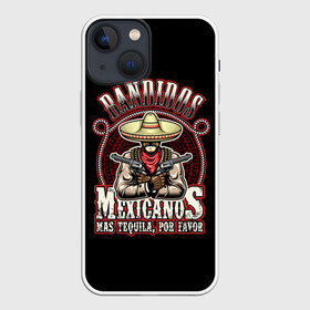 Чехол для iPhone 13 mini с принтом Bandidos в Курске,  |  | cartridges | drawing | graphic | hat | mexican | mexico | ornament | patterns | revolvers | rope | tape | tequila | thug | weapon | бандит | верёвка | графика | лента | мексика | мексиканский | орнамент | оружие | патроны | револьверы | рисунок | текила |