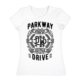 Женская футболка хлопок с принтом Parkway Drive в Курске, 100% хлопок | прямой крой, круглый вырез горловины, длина до линии бедер, слегка спущенное плечо | atlas | ire | parkway drive | pd | группы | метал | музыка | рок | хеви метал