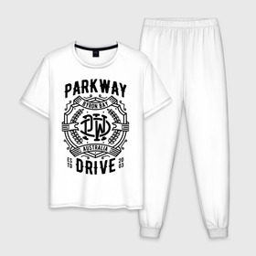 Мужская пижама хлопок с принтом Parkway Drive в Курске, 100% хлопок | брюки и футболка прямого кроя, без карманов, на брюках мягкая резинка на поясе и по низу штанин
 | atlas | ire | parkway drive | pd | группы | метал | музыка | рок | хеви метал