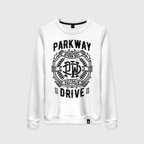 Женский свитшот хлопок с принтом Parkway Drive в Курске, 100% хлопок | прямой крой, круглый вырез, на манжетах и по низу широкая трикотажная резинка  | Тематика изображения на принте: atlas | ire | parkway drive | pd | группы | метал | музыка | рок | хеви метал