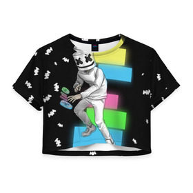 Женская футболка 3D укороченная с принтом Marshmello в Курске, 100% полиэстер | круглая горловина, длина футболки до линии талии, рукава с отворотами | dj | electro | electronic | marshmello | mask | music | зефир | маршмелоу | музыка