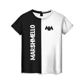 Женская футболка 3D с принтом Marshmello в Курске, 100% полиэфир ( синтетическое хлопкоподобное полотно) | прямой крой, круглый вырез горловины, длина до линии бедер | black and white | christopher comstock | dj | marshmello | music | диджей | клубная музыка | клубняк | крис комсток | логотип | маршмэллоу | музыка | черно белый