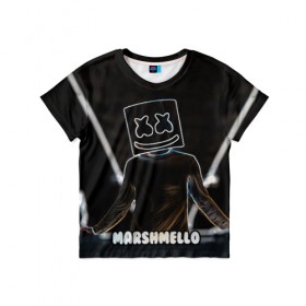 Детская футболка 3D с принтом Marshmello в Курске, 100% гипоаллергенный полиэфир | прямой крой, круглый вырез горловины, длина до линии бедер, чуть спущенное плечо, ткань немного тянется | Тематика изображения на принте: marshmello | диджей | клуб | клубная музыка | маршмеллоу | маршмэлло | маршмэллоу | музыка | электронная