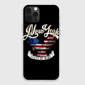 Чехол для iPhone 12 Pro с принтом New York, state of mind в Курске, силикон | область печати: задняя сторона чехла, без боковых панелей | Тематика изображения на принте: background | best | black | cool | drawing | eagle | flag | graphics | inscription | new york | ribbon | state of mind | text | usa | wings | графика | крутой | крылья | лента | лучший | надпись | нью йорк | орел | рисунок | состояние души | сша | текст |