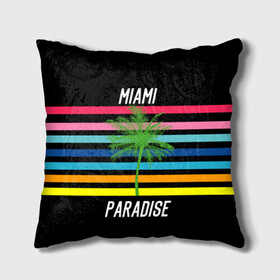 Подушка 3D с принтом Miami Paradise в Курске, наволочка – 100% полиэстер, наполнитель – холлофайбер (легкий наполнитель, не вызывает аллергию). | состоит из подушки и наволочки. Наволочка на молнии, легко снимается для стирки | Тематика изображения на принте: america | city | colorful | drawing | grap | miami | palm tree | paradise | recreation | resort | stripes | tree | usa | world | америка | город | графика | дерево | курорт | майами | мировой | надпись | отдых | пальма | полосы | разноцветные | рай | рису