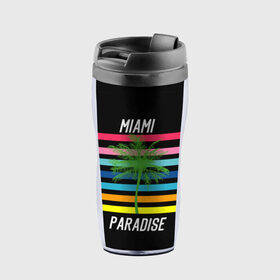 Термокружка-непроливайка с принтом Miami Paradise в Курске, внутренняя часть — пищевой пластик, наружная часть — прозрачный пластик, между ними — полиграфическая вставка с рисунком | объем — 350 мл, герметичная крышка | Тематика изображения на принте: america | city | colorful | drawing | grap | miami | palm tree | paradise | recreation | resort | stripes | tree | usa | world | америка | город | графика | дерево | курорт | майами | мировой | надпись | отдых | пальма | полосы | разноцветные | рай | рису