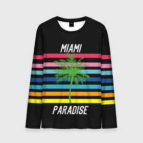 Мужской лонгслив 3D с принтом Miami Paradise в Курске, 100% полиэстер | длинные рукава, круглый вырез горловины, полуприлегающий силуэт | Тематика изображения на принте: america | city | colorful | drawing | grap | miami | palm tree | paradise | recreation | resort | stripes | tree | usa | world | америка | город | графика | дерево | курорт | майами | мировой | надпись | отдых | пальма | полосы | разноцветные | рай | рису