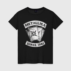 Женская футболка хлопок с принтом Metallica в Курске, 100% хлопок | прямой крой, круглый вырез горловины, длина до линии бедер, слегка спущенное плечо | heavy metal | metal | metallica | группы | метал | металлика | музыка | рок | трэш метал | хєви метал