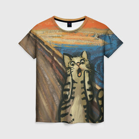 Женская футболка 3D с принтом Крик котика в Курске, 100% полиэфир ( синтетическое хлопкоподобное полотно) | прямой крой, круглый вырез горловины, длина до линии бедер | cat | картина | кот | котик | котики | коты | котэ | кошак | крик | мем | приколы